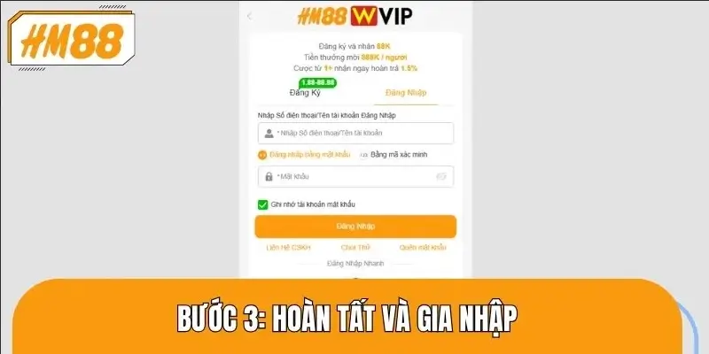 Xác nhận thông tin đăng nhập HM88 để bắt đầu trải nghiệm